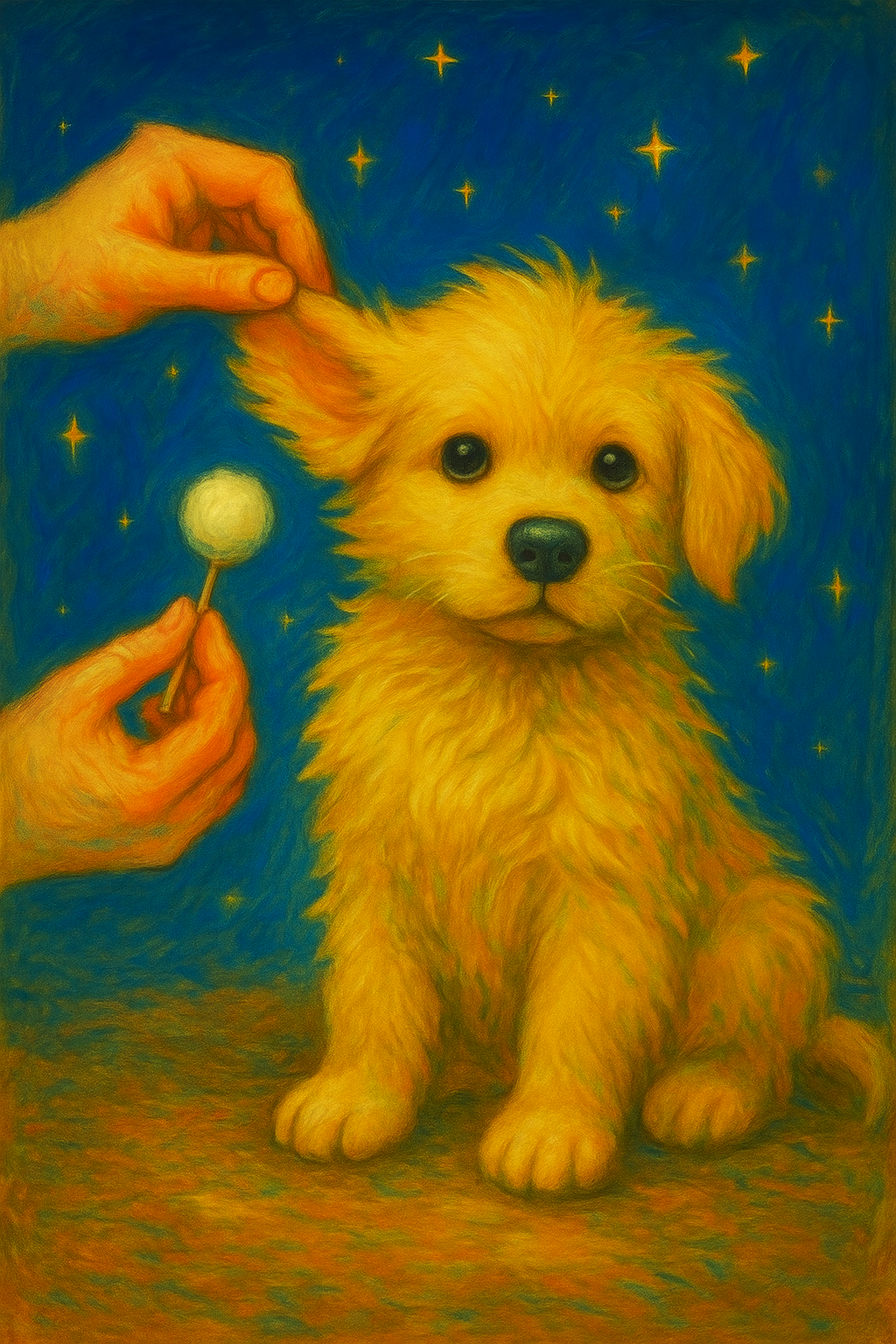 Dog painting with natural twinkling stars